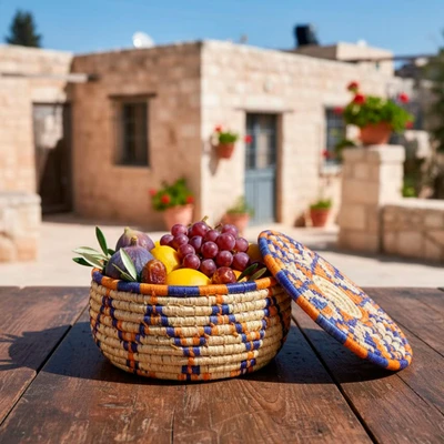 Natural fiber decorative basket, 'Organic Delight' - Palestinian Handwoven Natural Fiber Decorative Lidded Basket
