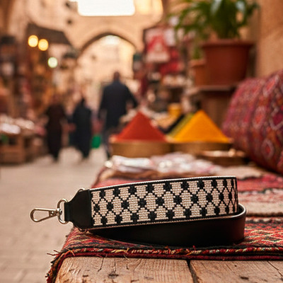 Cotton and silk strap, 'Resilient Threads' - Faux Leather-Accented Embroidered Aida Cotton and Silk Strap