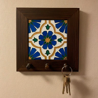 Wood and stone key rack, 'Golden Devotion' - Wood Key Rack with Painted Mosaic Tile-Style Stone Accent