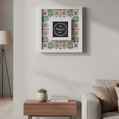 Ceramic and cotton wall art, 'Witnessed by the Sky' - Gazelle Floral-Themed Embroidered Cotton Ceramic Wall Art