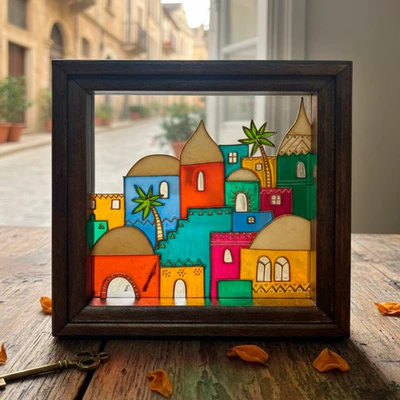 Glass mosaic wall art, 'Golden Dome Village' - Glass Mosaic Wall Art with Palestinian Cityscape Theme
