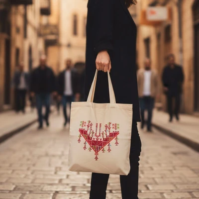 Linen tote bag, 'Vibrant Traditions' - Linen Tote Bag with Palestinian Tatreez Hand Embroidery