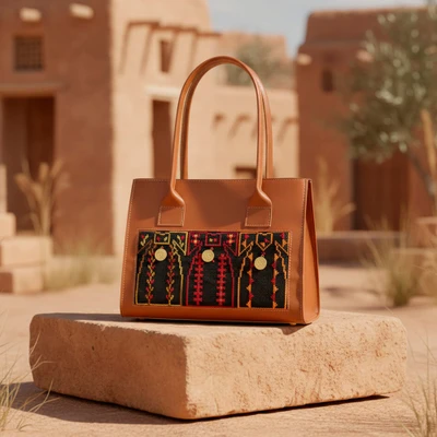 Embroidered handle bag, 'Traditional Patterns in Brown' - Faux Leather Handle Bag with Palestinian Tatreez Embroidery