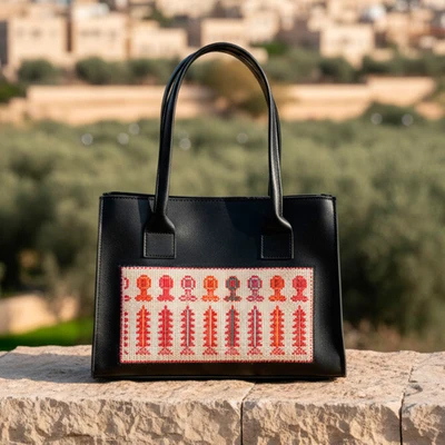 Embroidered handle bag, 'Traditional Patterns in Black' - Faux Leather Handle Bag with Tatreez Hand Embroidery