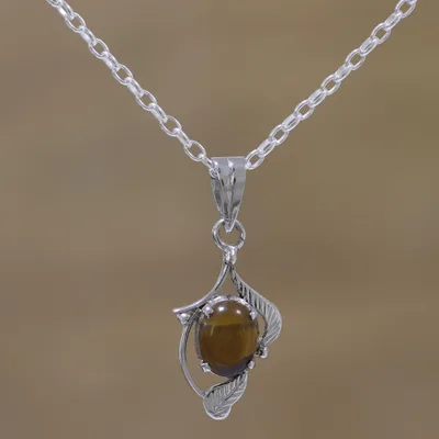 Rhodium plated tiger's eye pendant necklace, 'Earthy Bliss' - Rhodium Plated Tiger's Eye Leaf Pendant Necklace from India