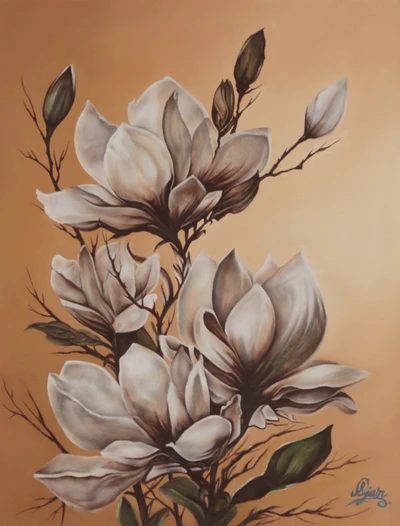 'Whispers of Magnolia Bloom' - Magnolia-Themed Impressionist Oil Painting from India