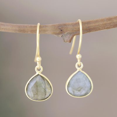 Gold plated labradorite dangle earrings, 'Dusky Dazzle' - Faceted Labradorite Earrings in 22k Gold Plate