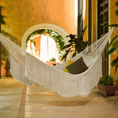 Cotton rope hammock, 'Ivory Cascade' (triple) - Hand Woven Ivory Rope Hammock (Triple)