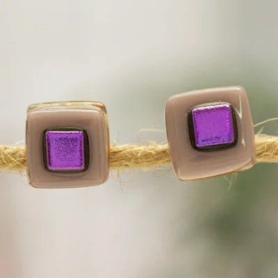 Fused glass mosaic stud earrings, 'Lilac Dichroic' - Purple Fused Glass Mosaic Stud Earrings Handmade in Mexico