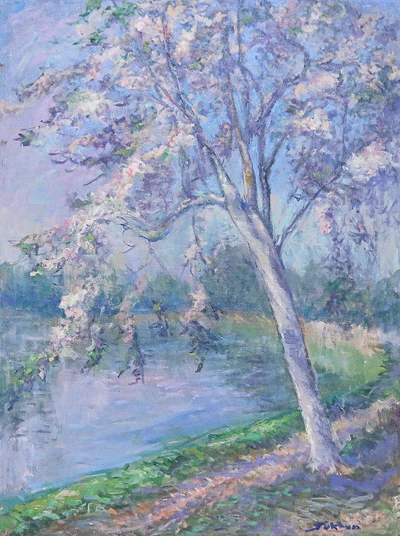 'The Wishing Tree' - Impressionist Spring-Themed Oil on Canvas Painting of a Tree