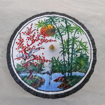Hand-painted cotton parasol, 'Jubilant Cranes' - Hand-Painted Parasol with Cranes and Pond Scene