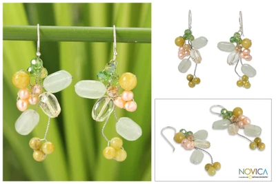 Cultured pearl and citrine cluster earrings, 'Lemon Bouquet' - Pearl Citrine and Quartz Cluster Earrings from Thailand