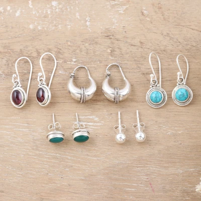 Gemstone earrings, 'Gem Trends' (set of 5) - Set of 5 Gemstone Earrings Crafted from Sterling Silver