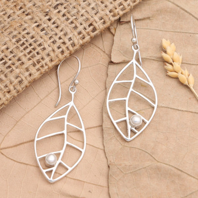 Cultured pearl dangle earrings, 'Leafy Innocence' - Sterling Silver Leafy Dangle Earrings with Cultured Pearls