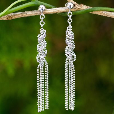 Sterling silver waterfall earrings, 'Helix Fringe' - Fair Trade Sterling Silver Ball Chain Waterfall Earrings
