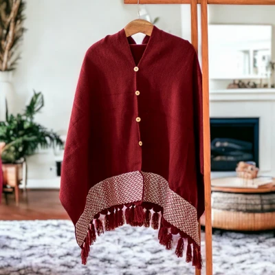 Handloomed poncho, 'Burgundy Zigzag' - Burgundy Handloomed Poncho with Cotton Panel and Tassels