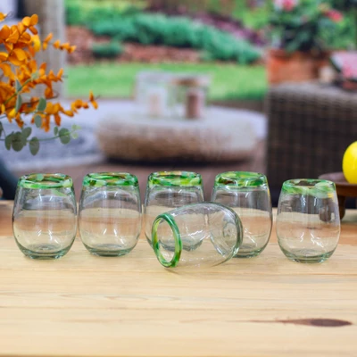 Handblown recycled glass stemless wine glasses, 'Verdant Day' (set of 6) - Green-Rimmed Handblown Stemless Wine Glasses (Set of 6)