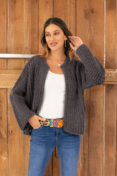 Alpaca blend cardigan, 'Grey Reflections' - Long-Sleeve Open-Front Grey Alpaca Blend Cardigan
