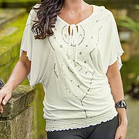 Embroidered Knit Top from Indonesia - Ivory Butterfly | NOVICA