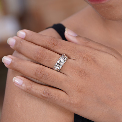 Sterling silver band ring, 'Floral Moon' - Sterling silver band ring