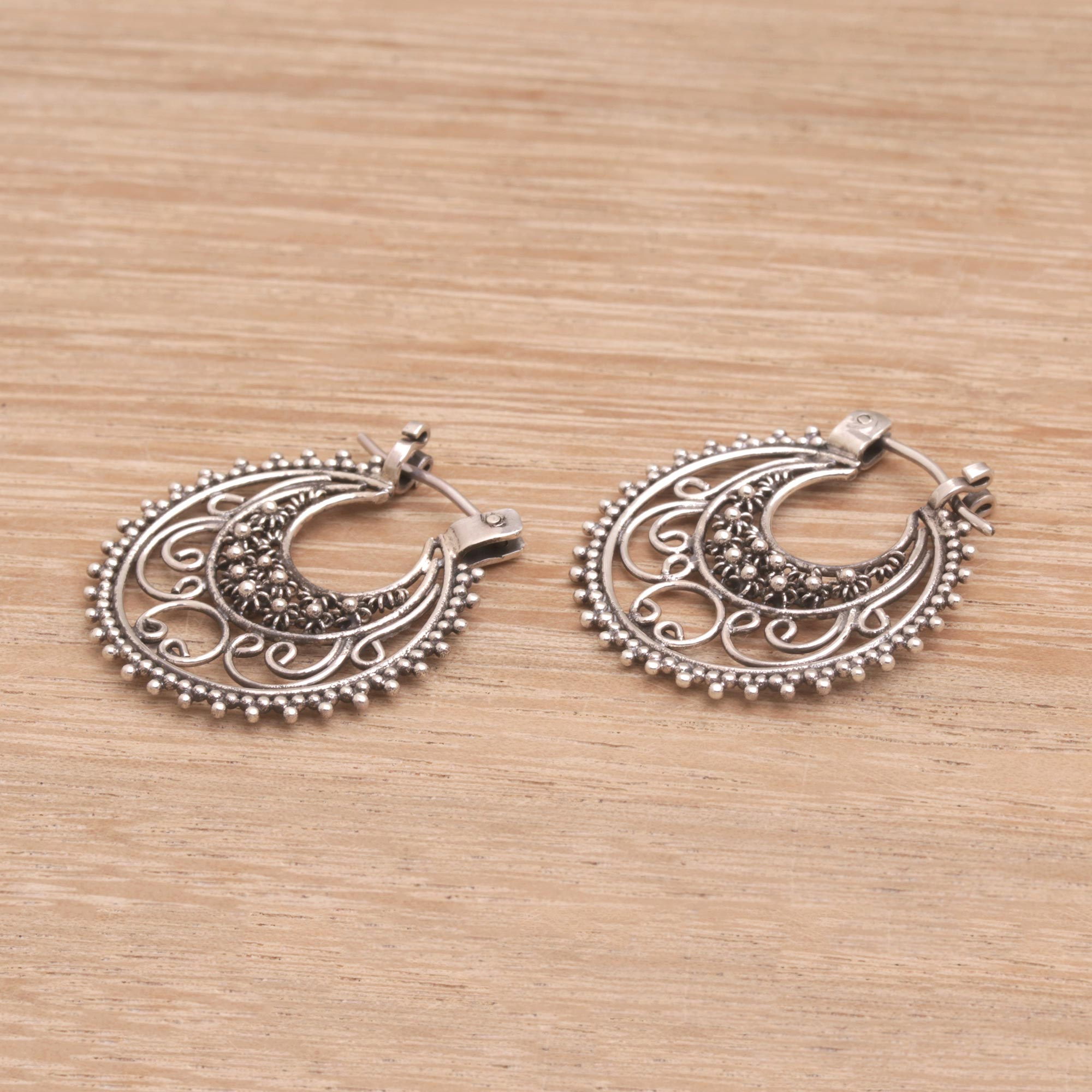 Floral Sterling Silver Hoop Earrings - Moonlit Stars | NOVICA