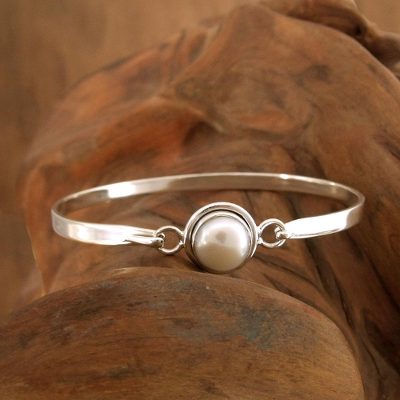Handcrafted Indian Sterling Silver Bangle Pearl Bracelet Aesthetic Pearl Bangle Bracelet Aesthetic Moon Handcrafted Indian Sterling Silver