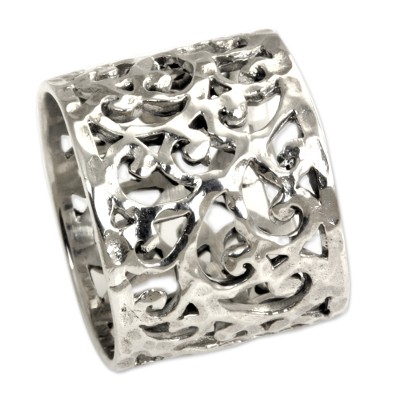 Sterling silver band ring, 'Exotic Bali' - Handmade Floral Sterling Silver Band Ring
