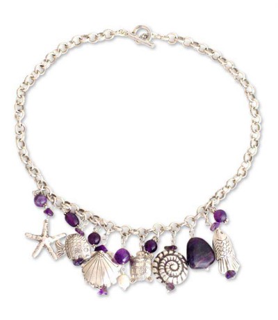 Pearl and amethyst pendant necklace, 'Open Sea' - Sterling Silver and Pearl and Amethyst Necklace