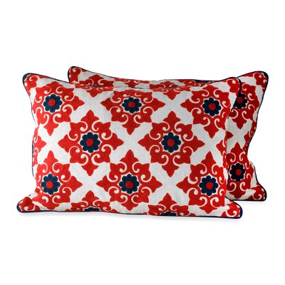 Embroidered cushion covers, 'Romantic Red' (pair) - Red and Blue Embroidered Cushion Covers (pair)