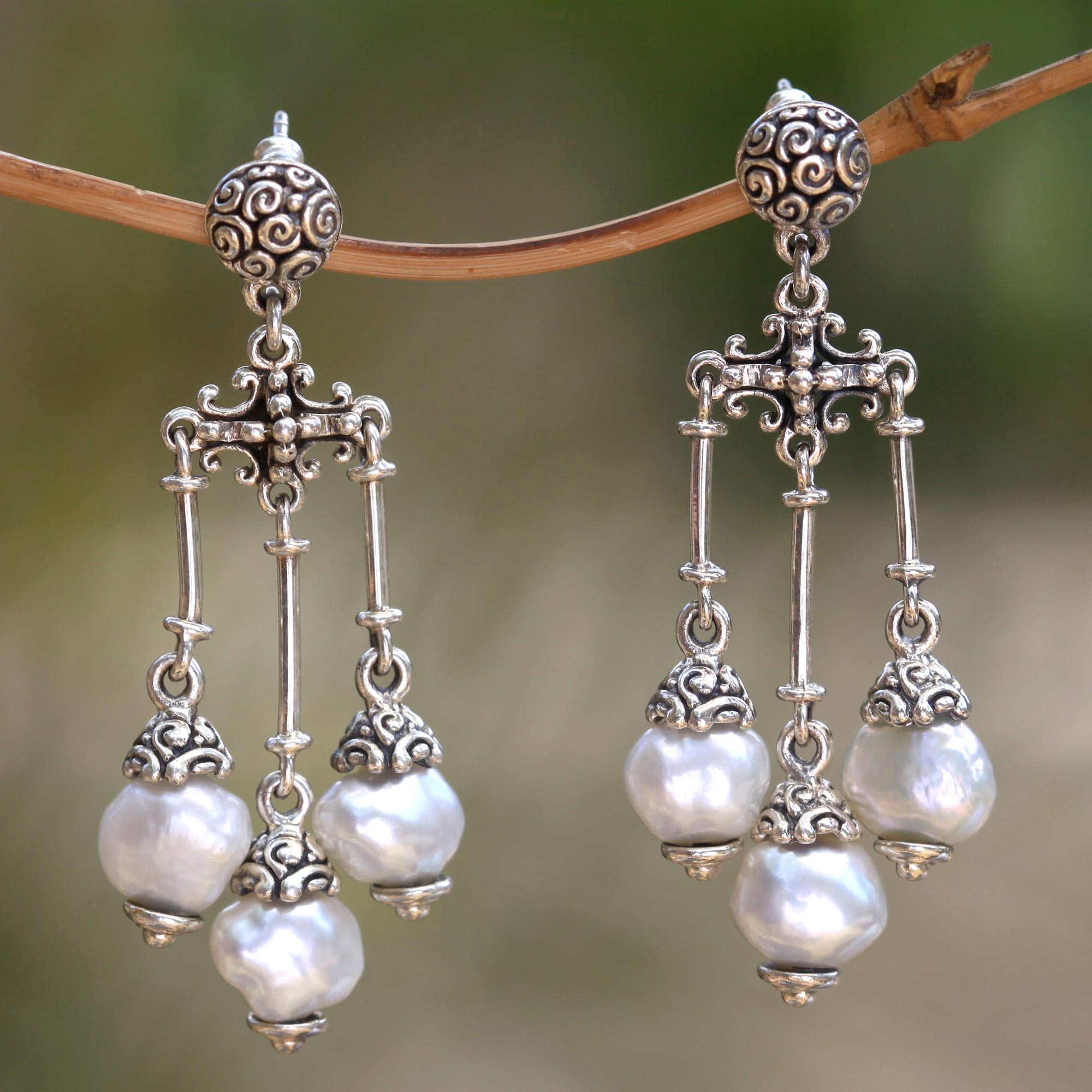 Sterling Silver with Cultured Pearls Chandelier Earrings , 'Transcendent Moons' Handcrafted jewelry