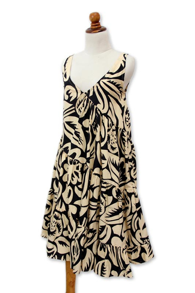 Cotton dress, 'Balinese Shadow' - Cotton Knee Length Dress with Floral Motifs from Bali