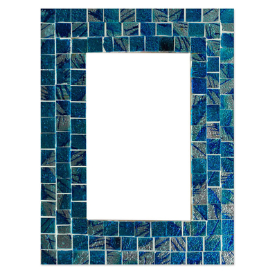 Mosaic glass photo frame, 'Aqua Beach' (4x6) - Glass Mosaic Photo Frame (4x6)