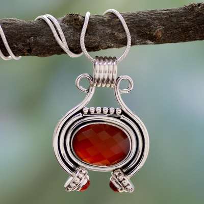 Carnelian pendant necklace, 'Desire' (16 inch) - Sterling Silver and Carnelian Necklace (16 Inch)