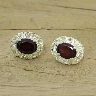Sterling Silver Peridot and Garnet Button Earrings - Sisters | NOVICA