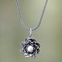 Sterling Silver and Pearl Pendant Necklace - Sacred White Lotus | NOVICA