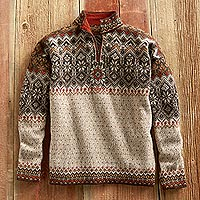 Men's 100% alpaca sweater, 'Grecas' - Men's Grecas Alpaca Sweater