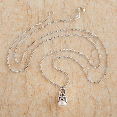 Cultured pearl pendant necklace, 'Celtic Tradition' - Celtic Pearl Necklace