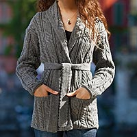 Belted wool sweater jacket, Donegal Tides