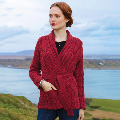 Belted wool sweater jacket, 'Donegal Tides' - Irish Aran Belted Sweater Jacket