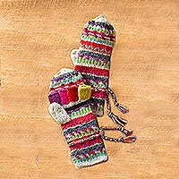 Wool convertible mittens, 'Kamala Stripes' - Kamala Convertible Mittens
