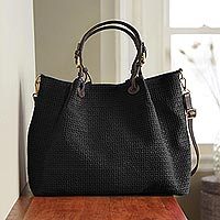 UNICEF Market  Handwoven Black & Cream Rattan Handbag with Brown Leather -  Diagonal Style