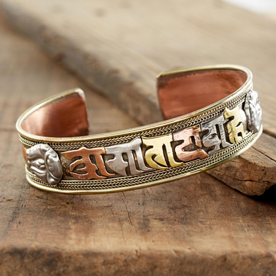 Copper cuff bracelet, 'Tibetan Mantra' - Tibetan Mantra Copper Bracelet