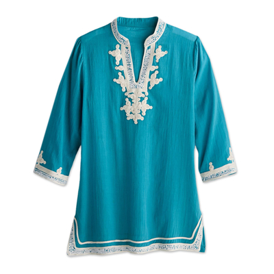 Embellished cotton tunic, 'Mughal Mystery' - Embroidered Mughal Tunic