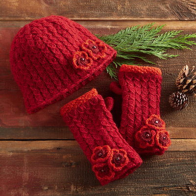 Wool hat and mitts set, Nepali Rhododendron