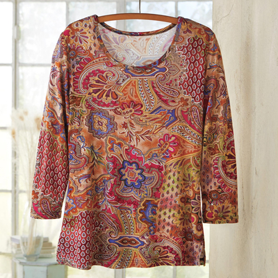 Rayon knit travel top, 'Perfect Paisley' - Indian Paisley Travel Shirt