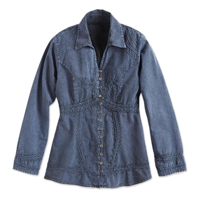 Chambray blouse, 'Lily of The Incas' - Lily of The Incas Button-Front Chambray Blue Blouse