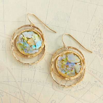 Gold plated glass dangle earrings, 'Roman Mirror' - Gold Plated Roman Glass Earrings