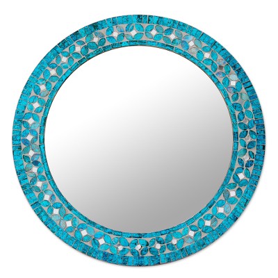 Round Turquoise Gl Mosaic Tile Mirror With Flower Motif Gl Mosaic Wall Mirror Turquoise Blossom Round Tile