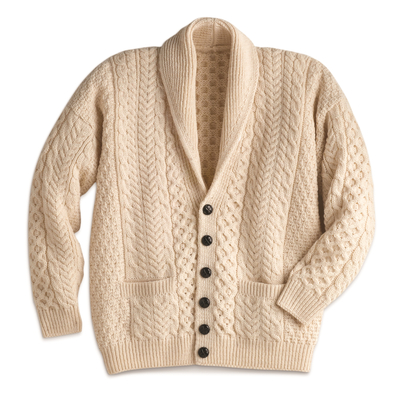 Men's wool cardigan sweater, 'Aran Legacy' - Irish Aran Shawl-collar Cardigan