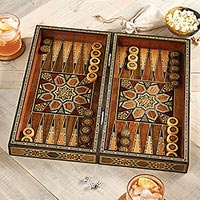 Juego de backgammon de mosaico de madera, 'Mesopotamia Match' - Juego de backgammon con incrustaciones de madera de mosaico